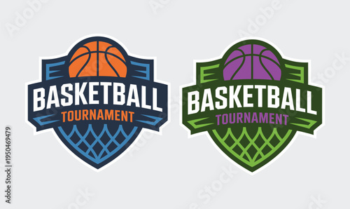 Basketball Tournament Emblem Vector Illustration with Ball Shield and Net for Sports Branding
