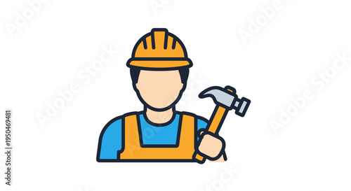 Illustrator depicting a construction worker with a hammer, wearing a hard hat and overalls, ready for manual labor on a building project