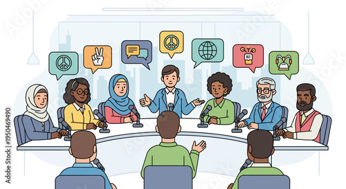 Diverse group of people engaged in a global discussion with symbols of peace, unity, and communication