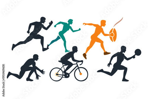 Create a set of silhouettes representing various sports and fitness activities such as running, cycling, swimming, and weightlifting. Use dynamic poses to convey energy and motion.