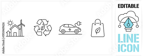 Editable line icon set in a black simple and clean vector outline stroke for green energy, eco friendly house, solar power, wind turbine, recycling process, electric car and sustainable shopping.