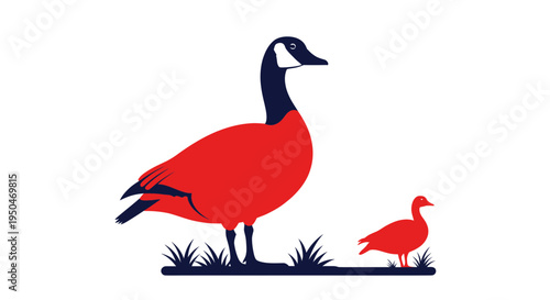 Stylized Canadian Geese, Red and Blue Illustration, White Background