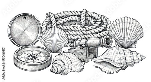Nautical Vintage Collection: Compass, Rope, Seashells, and Cannon Drawing