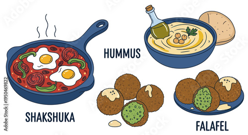 Shakshuka, Hummus, and Falafel: Delicious Middle Eastern Food Illustration