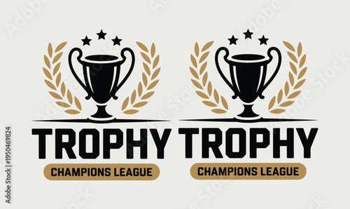Trophy Champions League Emblem Vector Illustration with Winner Cup Laurel Wreath and Stars