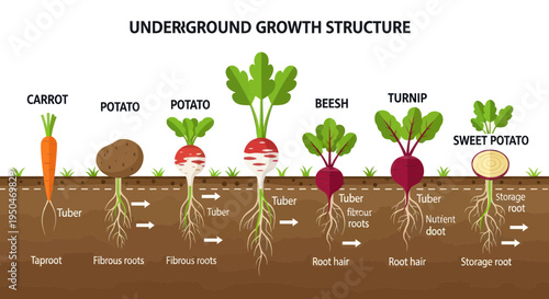 Underground Root Vegetable Growth Structure Diagram: Carrot, Potato, Beet, Turnip, Sweet Potato
