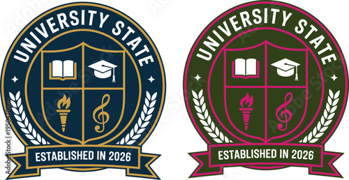 University State Crest Vector Illustration with Shield, Book, Graduation Cap, Torch, and Music Icon