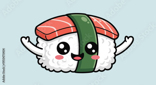 Cute Sushi Salmon Nigiri Character Waving Arms, Kawaii Food Illustration