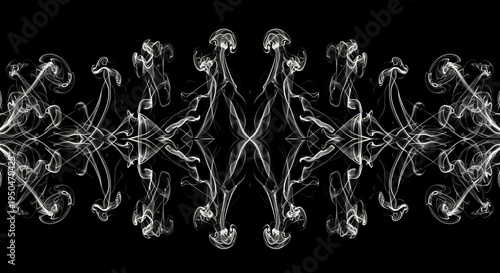 Symmetrical white smoke patterns create an elaborate, flowing horizontal border design against a dark background
