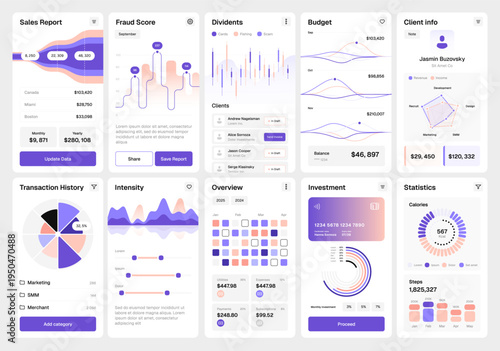 Modern financial dashboard UI with charts, graphs, sales reports, fraud score, investment cards and analytics widgets. Clean business data visualization interface for fintech apps, banking, statistics