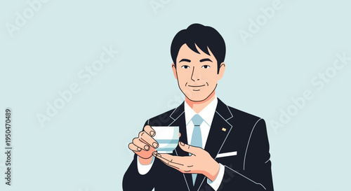 Japanese businessman in suit holding a glass of sake, smiling, light blue background