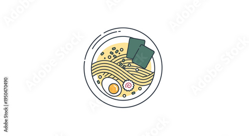 Japanese Ramen Noodle Soup Bowl Illustration, Top View
