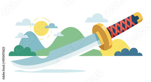 Samurai Sword in a Stylized Landscape with Sun and Clouds