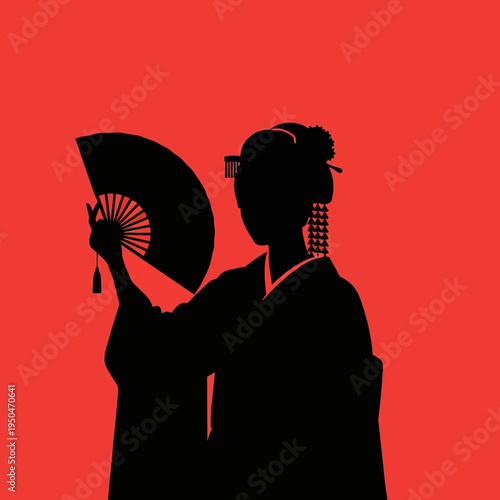 Silhouette of a Japanese Geisha holding a fan against a vibrant red background