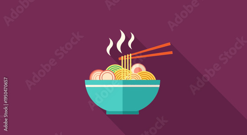Steaming Bowl of Ramen Noodles with Chopsticks, Flat Design