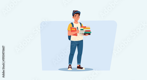 Student holding stack of books, backpack, education concept
