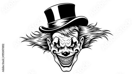 Scary Clown with Top Hat, Evil Grin, Horror, Halloween, Black and White Illustration