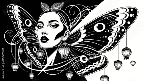 Mysterious Woman with Moth Wings and Lanterns, Black and White, Surreal Art