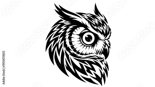 Tribal Tattoo Style Owl Head Vector Illustration - Black and White