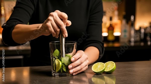 A person mashes fresh limes and mint in a glass to prepare a drink while working at a bar in the evening
