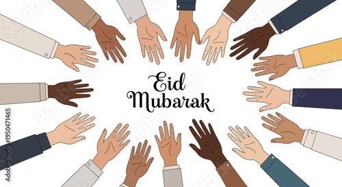 Eid Mubarak greeting with diverse hands reaching together