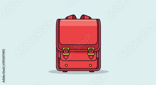 Red School Backpack, Children's Satchel, Cartoon Style, Isolated on Light Blue Background