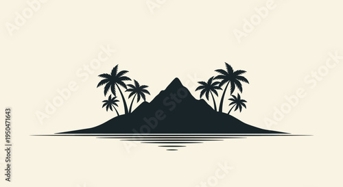 Tropical Island Silhouette Palm Trees Mountain Ocean
