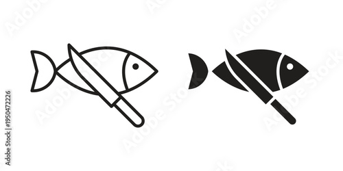 Fish and a knife icon. Simple linear element illustration. Thin stroke sign can be used for web, mobile and UI.