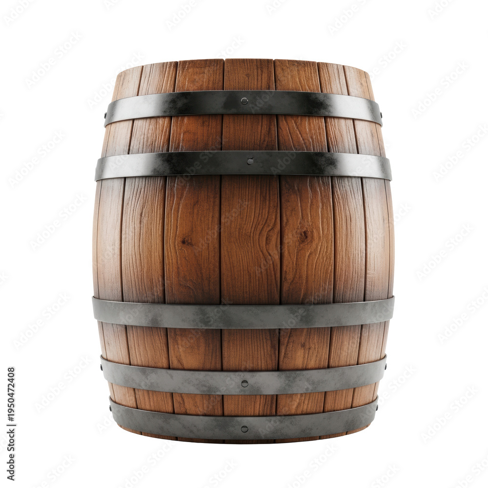 Obraz premium A photorealistic french oak aging barrel with matte black steel hoops isolated on a transparent studio background. Concept of beverage craftsmanship