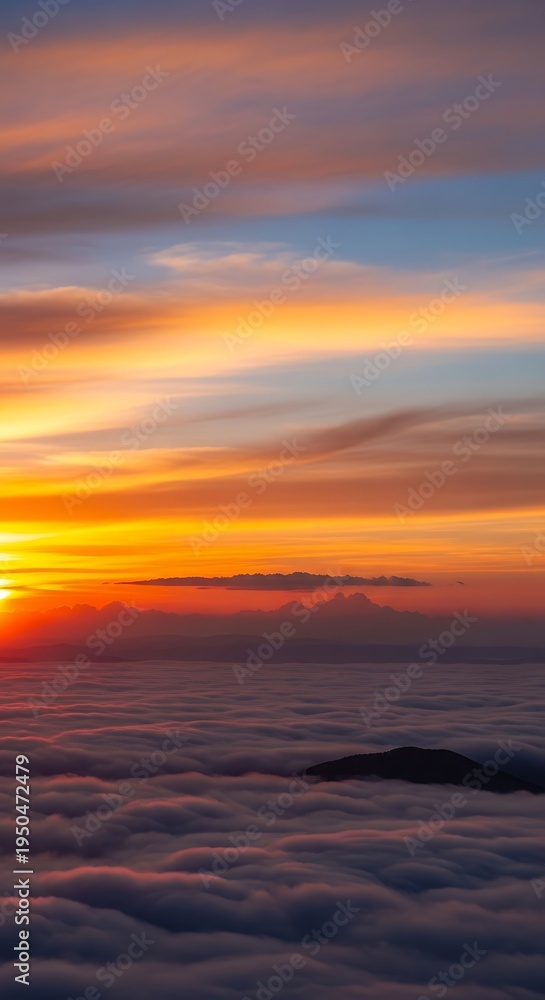 Fototapeta premium Vibrant sunset colors illuminate dense cloud layers seen from above high mountains