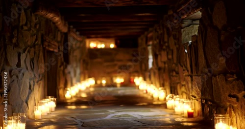 Candles Illuminating Dark Cave Tunnel Interior.