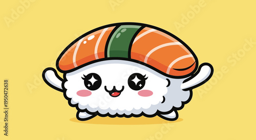 Cute Sushi Salmon Nigiri Character with Happy Face, Kawaii Style, Isolated on Yellow Background