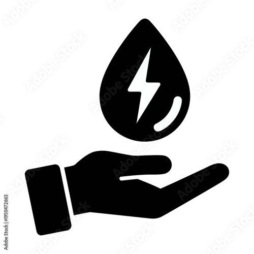 Hand holding a water droplet with a lightning bolt vector design inside