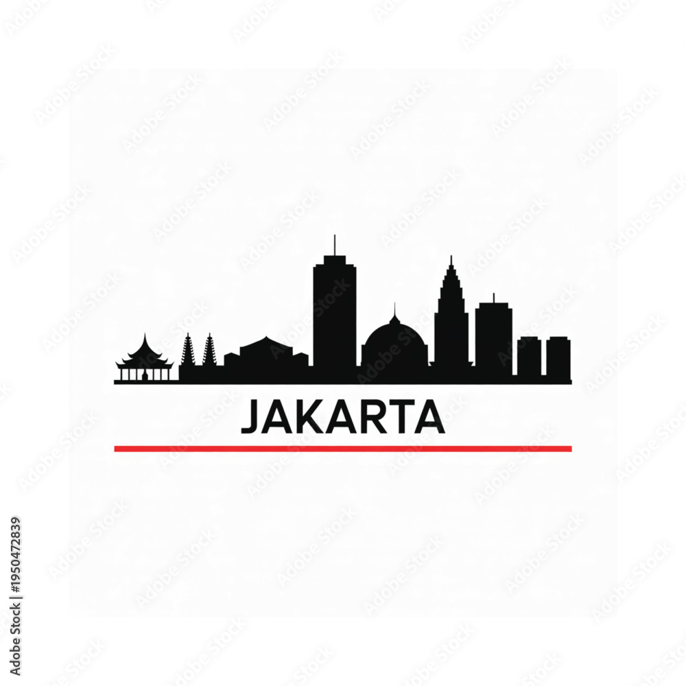 Obraz premium Jakarta skyline silhouette with the city name and a red line