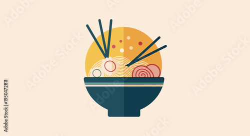 Japanese Ramen Noodles Bowl with Chopsticks, Flat Design Illustration