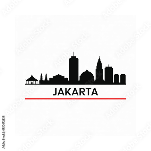 Jakarta skyline silhouette with the city name and a red line