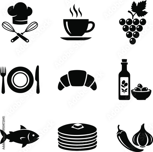 Breakfast icons including chef hat, coffee, grapes, plate, croissant, and food items