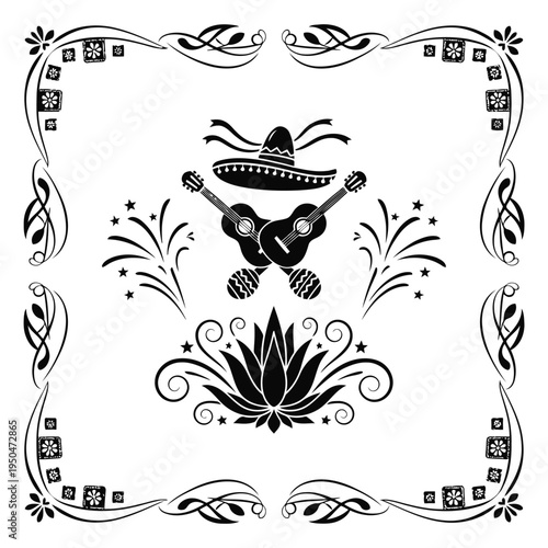 Vibrant sombrero dancer performs with maracas amidst floral patterns and decorative border