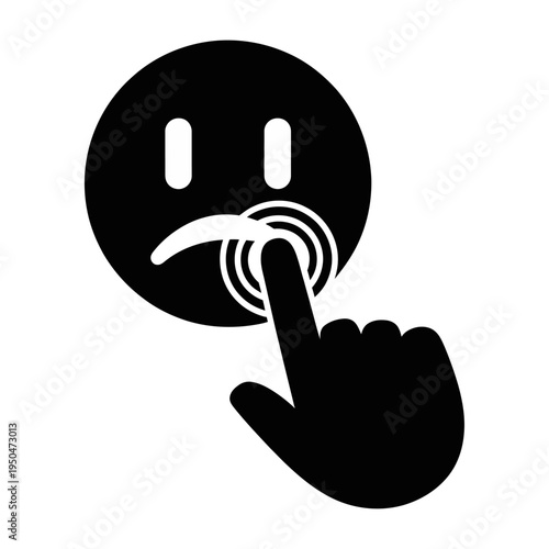 Vector of a hand touching a frowning face icon on a screen