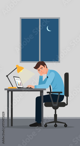 Tired businessman working late at night, stressed over charts on laptop, moon outside