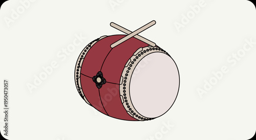 Traditional Japanese Taiko Drum with Drumsticks, Isolated on White Background