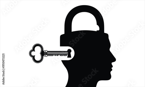 Black silhouette of a human head with a padlock and key inserted through it on white background