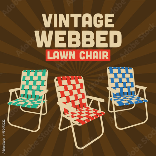 Vintage webbed lawn chairs illustration featuring three colorful retro folding chairs. Classic woven outdoor furniture inspired by mid-century summer vibes, perfect for, camping,  vintage design theme