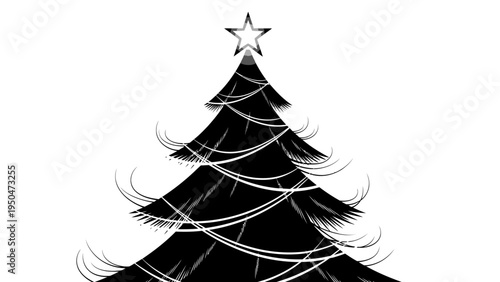 Abstract Black Christmas Tree Silhouette with Star on White Background
