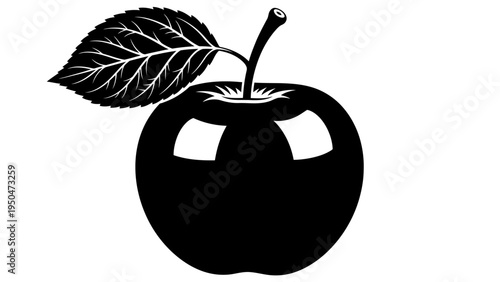 Black Apple Silhouette with Leaf and Stem - Isolated on White Background