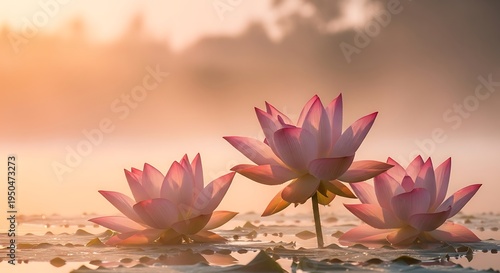 Three delicate pink water lilies bloom above a reflective surface during a soft sunrise