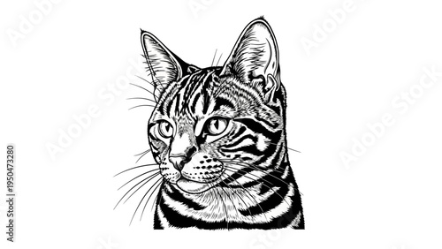 Detailed Black and White Sketch of a Tabby Cat's Face, Realistic Portrait