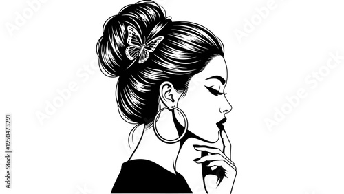 Elegant Woman Profile Silhouette with Butterfly Hair Clip and Hoop Earrings