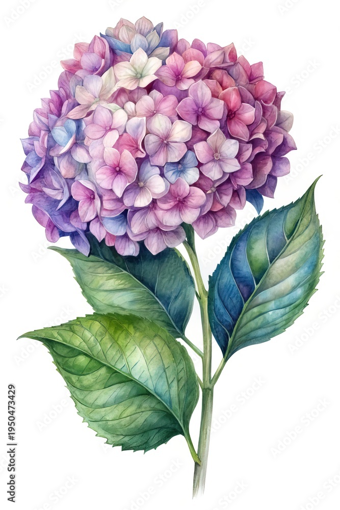 Fototapeta premium Watercolor painting of a beautiful hydrangea with purple and pink tones