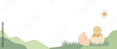 Cute Hatching Chick in Spring Landscape Easter Banner